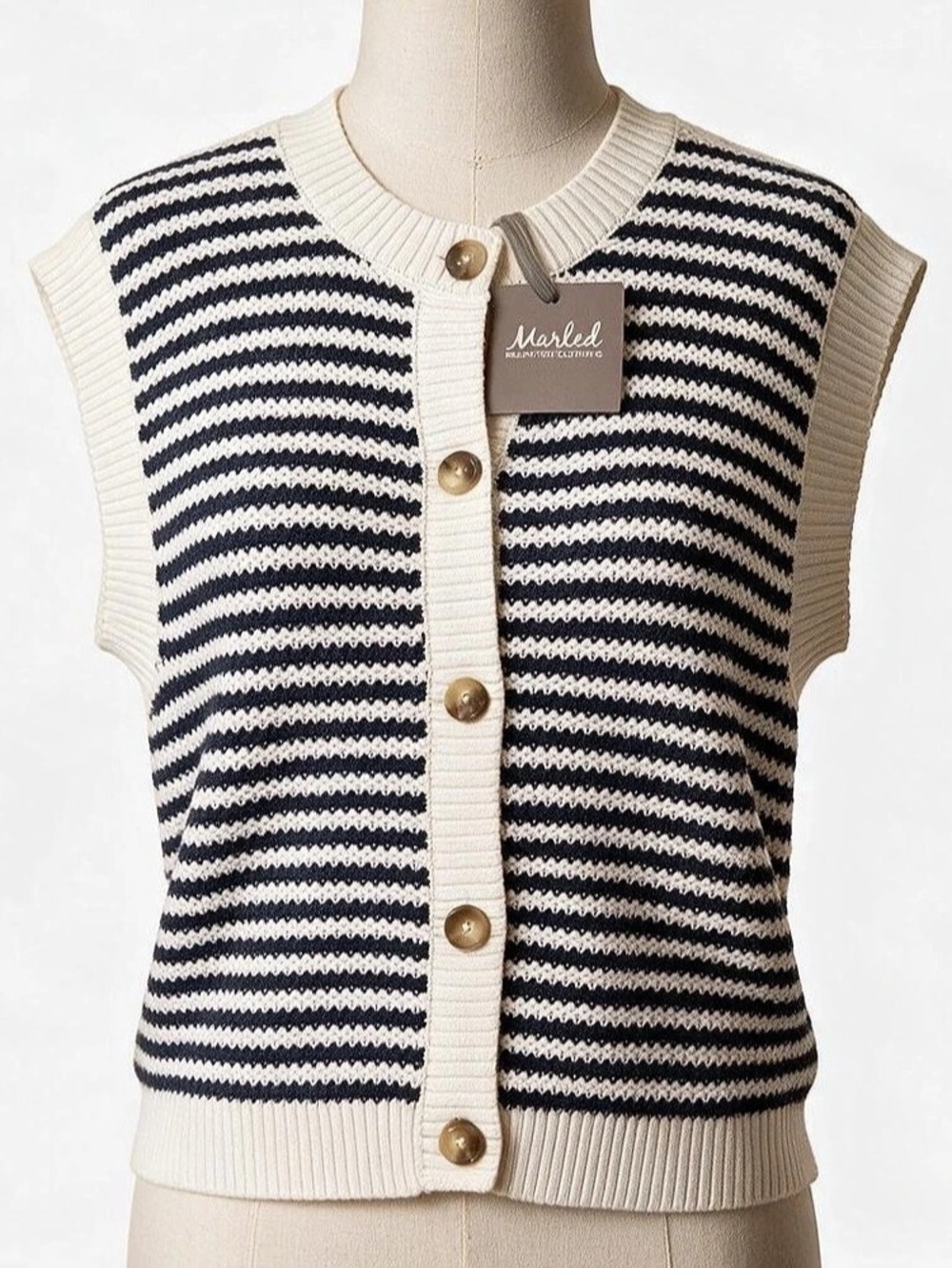 Marled - Striped Button-Front Sweater Vest in Ecru & Navy Blue - Large